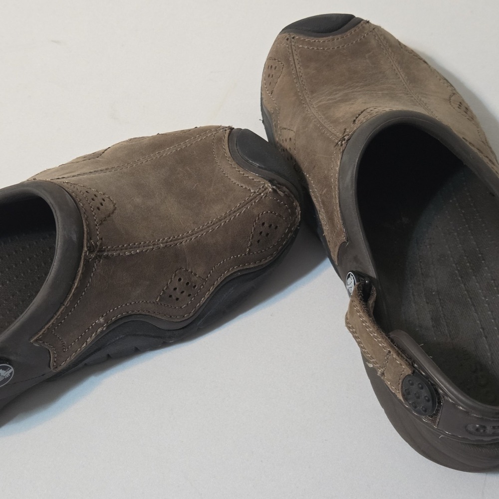 Crocs Swiftwater Tan Leather Slingback Slip-On Clog Shoes Men’s 7.5 8 - Picture 4 of 7